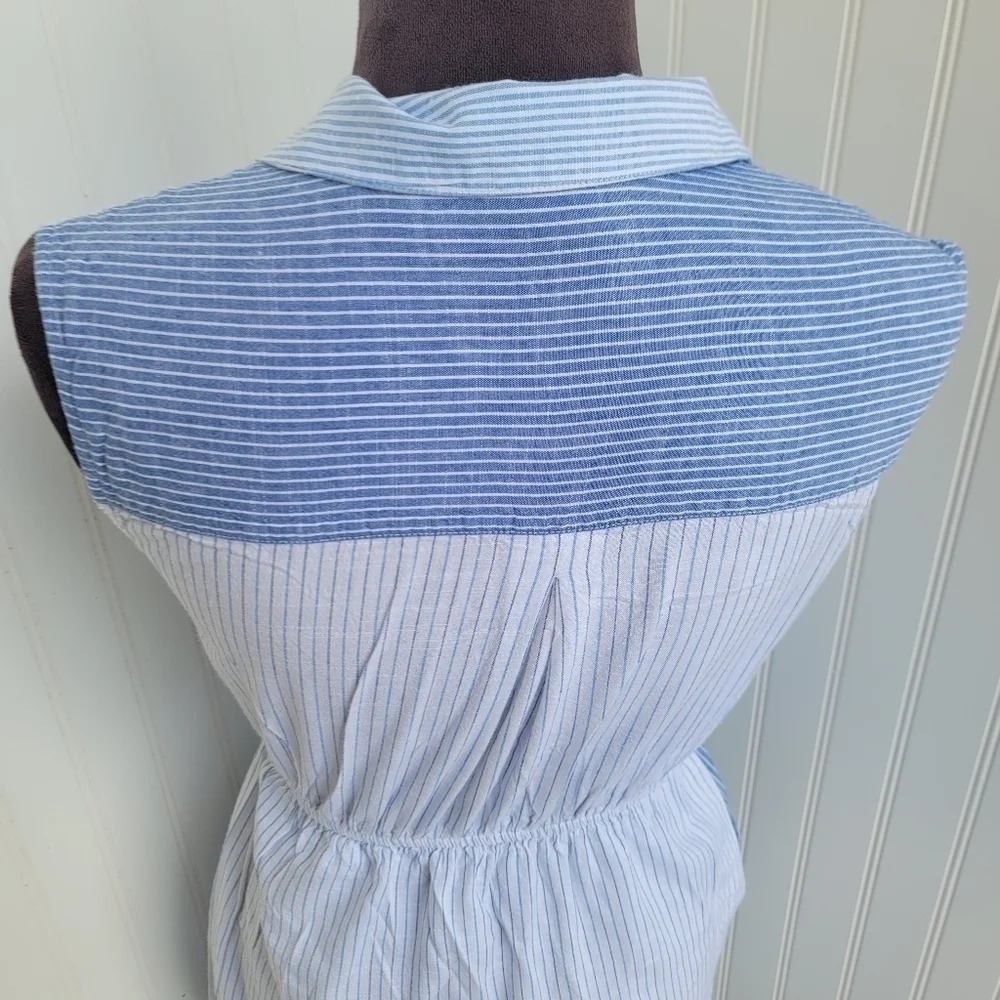 Japna Women's Dress Blue White Striped Sleeveless Elast Waist Shirt Button Sz XS - Picture 10 of 13